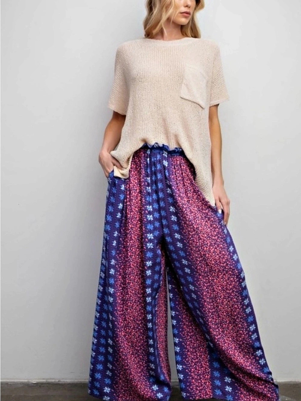 *New Easel Border Printed Challis Wide Leg Boho Pants Blue & Pink Medium